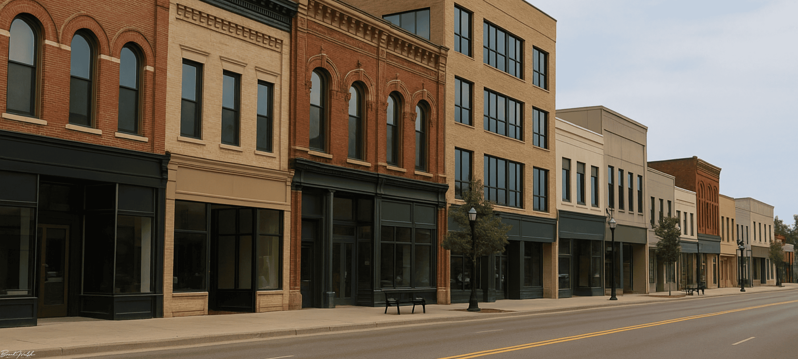 Downtown Cadillac, MI commercial district showing storefronts and office buildings along Mitchell Street.